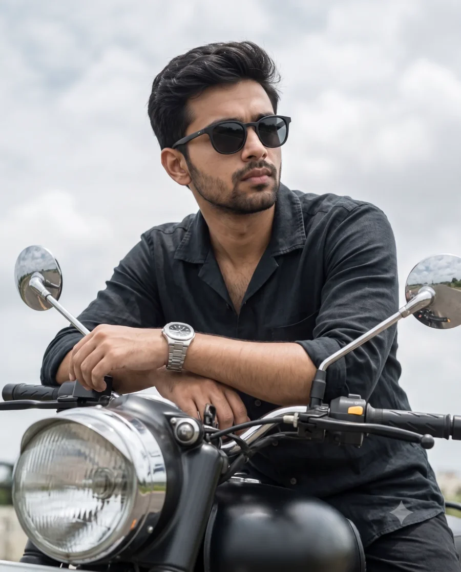 A cinematic Vintage Motorcycle Portrait of a well-groomed man leaning on handlebars under soft overcast daylight.