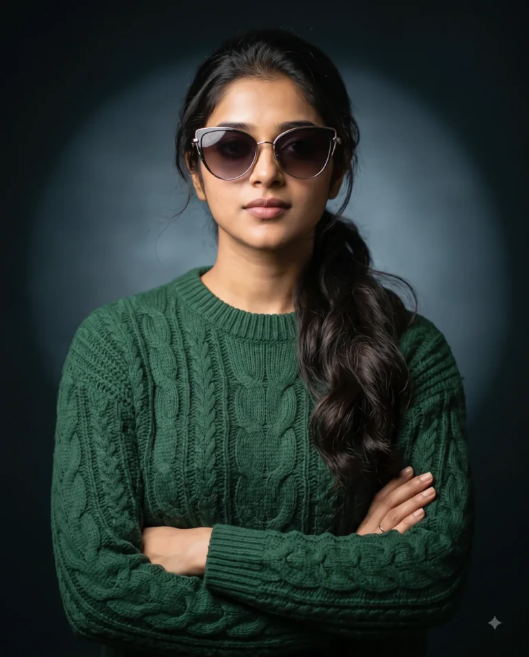 A stylish woman portrait featuring a subject in a dark green sweater and gold cat-eye sunglasses under a spotlight.