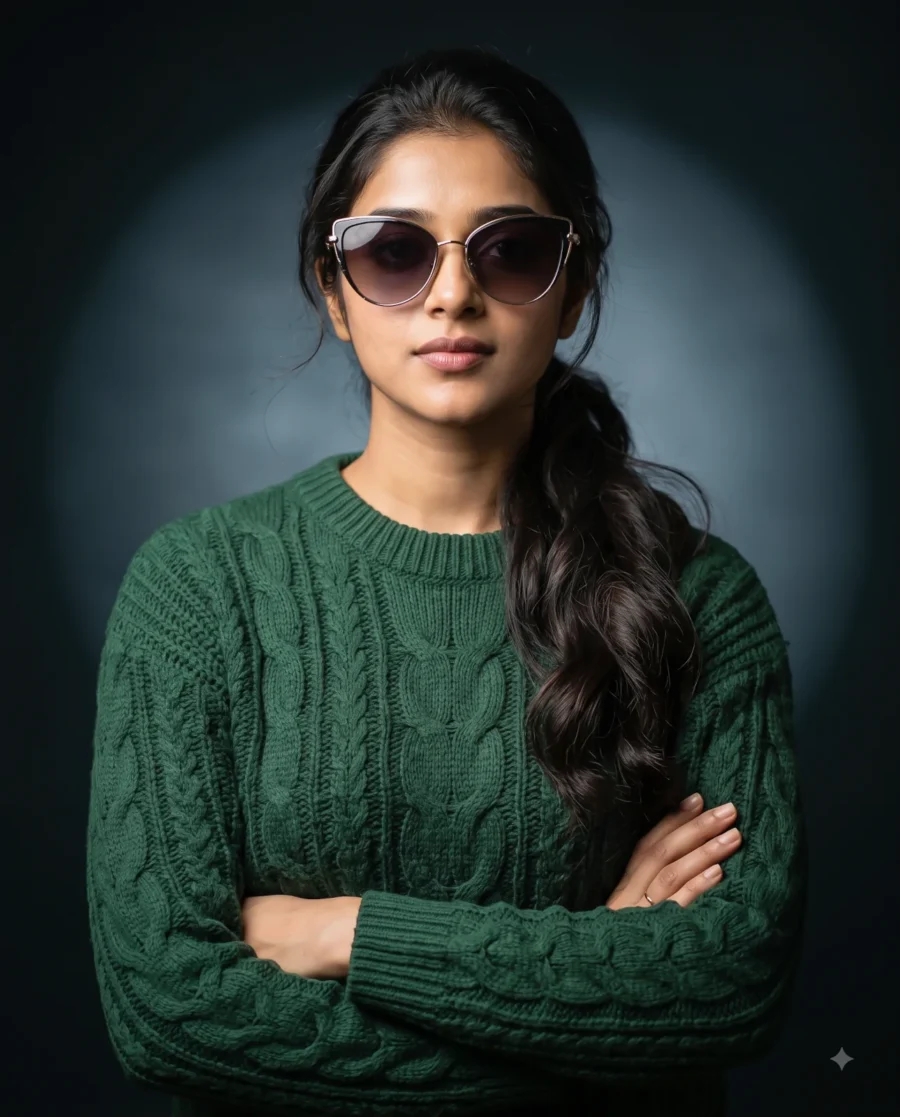 A stylish woman portrait featuring a subject in a dark green sweater and gold cat-eye sunglasses under a spotlight.