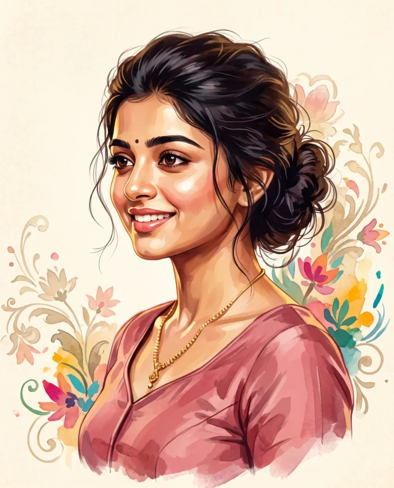 A stylized portrait illustration of a woman in a rose pink blouse with watercolor textures and floral background.