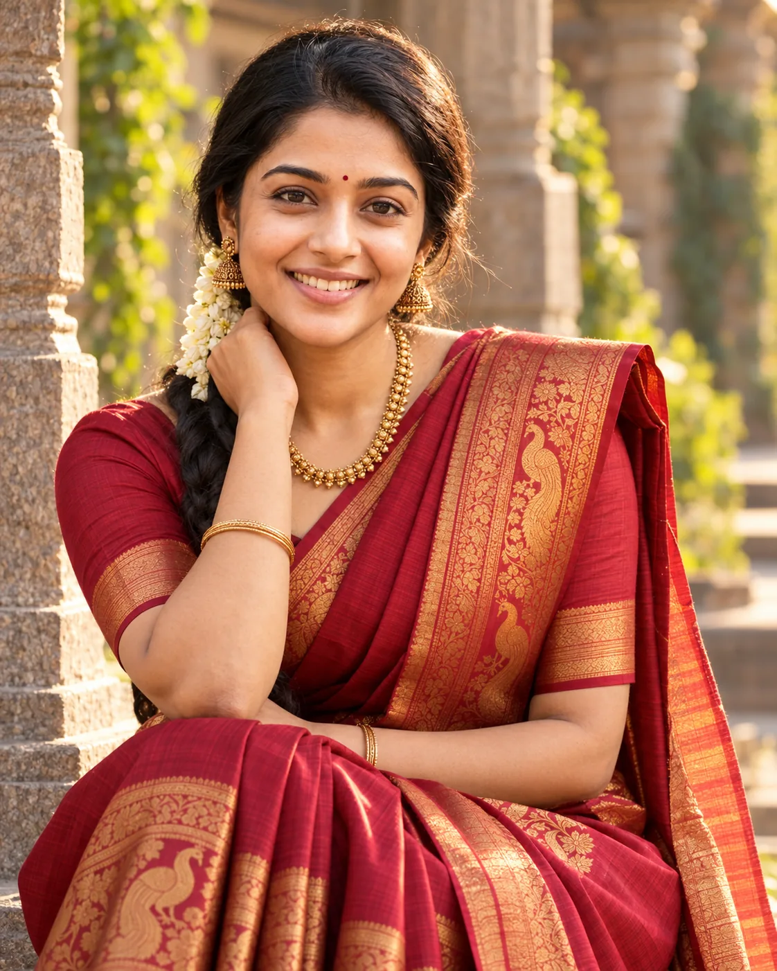 AI generated portrait of a woman in a crimson red Kanjivaram silk saree with woven gold zari border