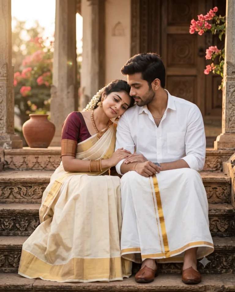 An example of the South Indian couple prompt showing a man and woman in traditional attire on stone steps.