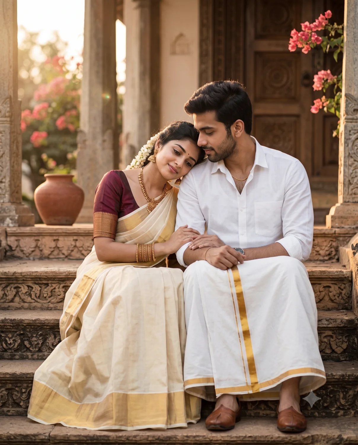 An example of the South Indian couple prompt showing a man and woman in traditional attire on stone steps.