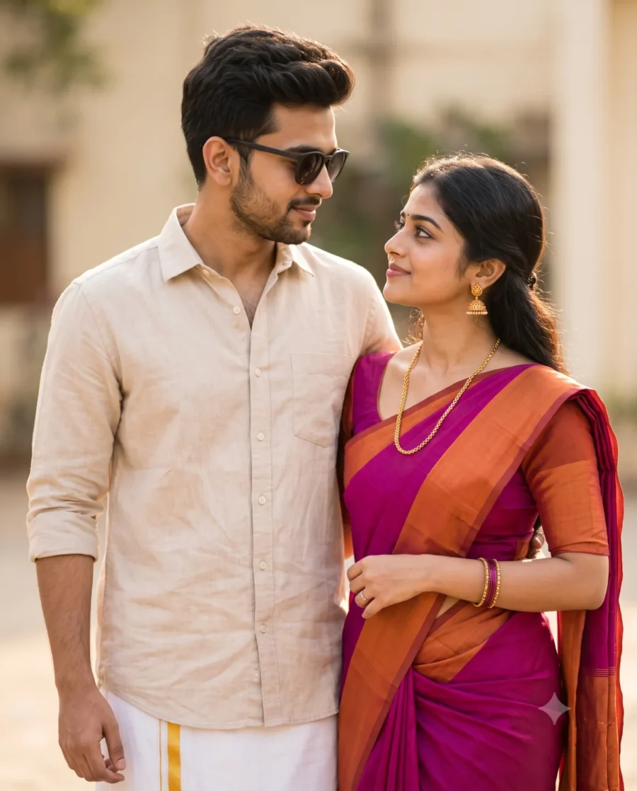 An editorial South Indian couple portrait featuring a man in a dhoti and a woman in a silk saree during golden hour.