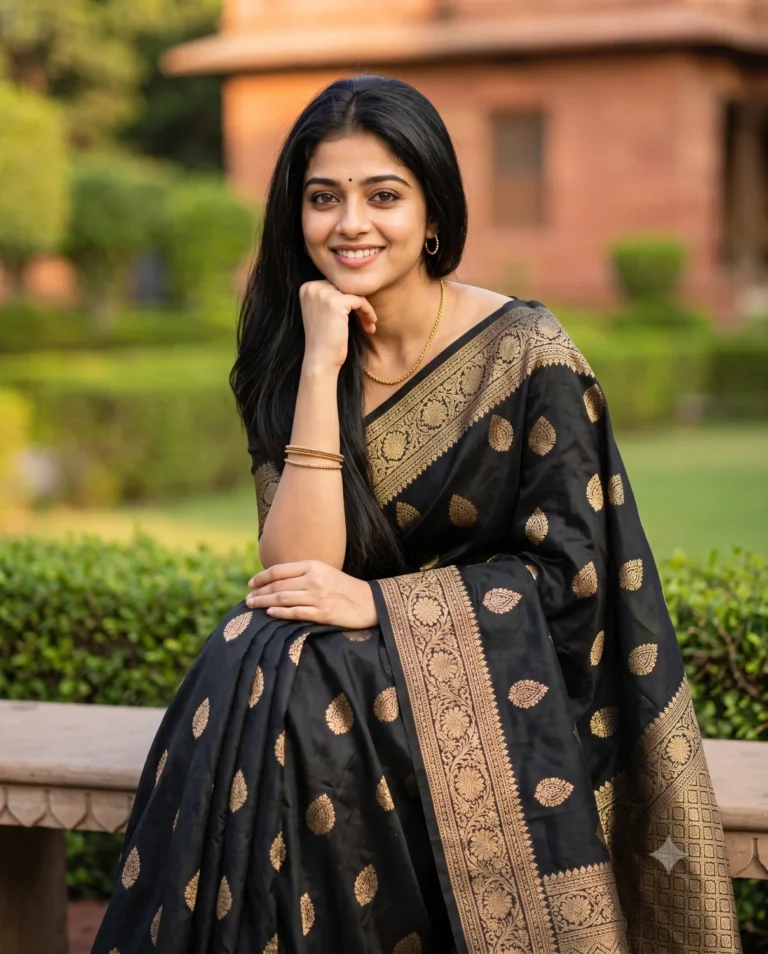 A realistic woman portrait generated with a black saree photo prompt in a garden setting.