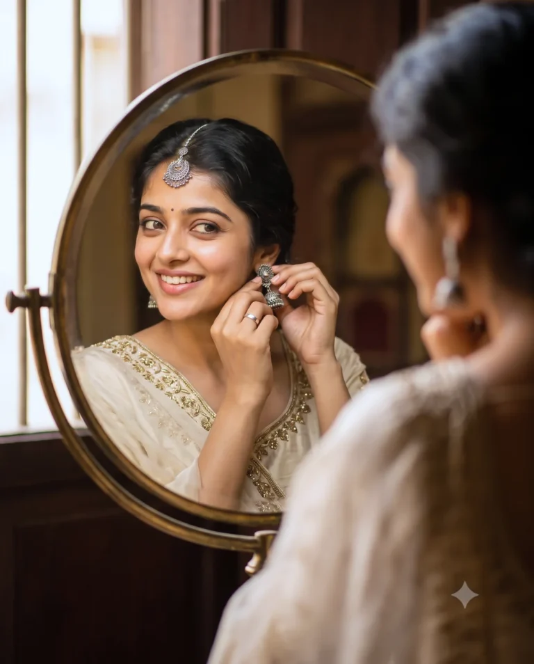 A Gemini Mirror Prompt generating a fine-art reflection of an Indian woman wearing a cream silk lehenga and silver jhumka.