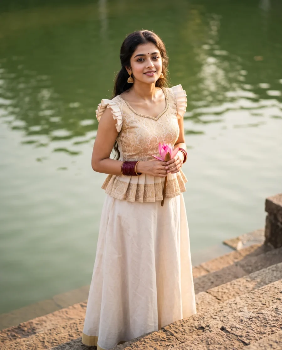 A photorealistic traditional photo prompt generating a woman in an ivory peplum blouse holding a pink lotus blossom.