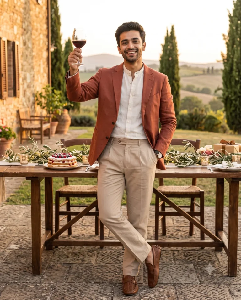 Man raising a wine glass during a birthday portrait in a rustic Tuscan vineyard at sunset.