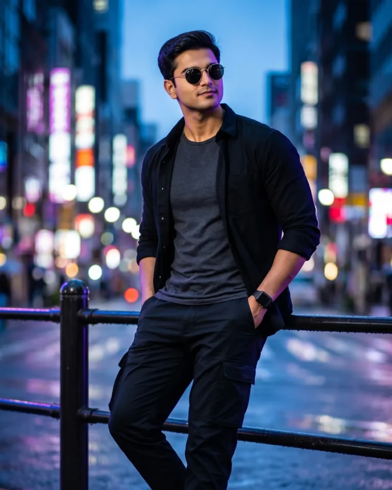 A cinematic fashion portrait of a handsome man in black clothing standing on a wet urban street at night.