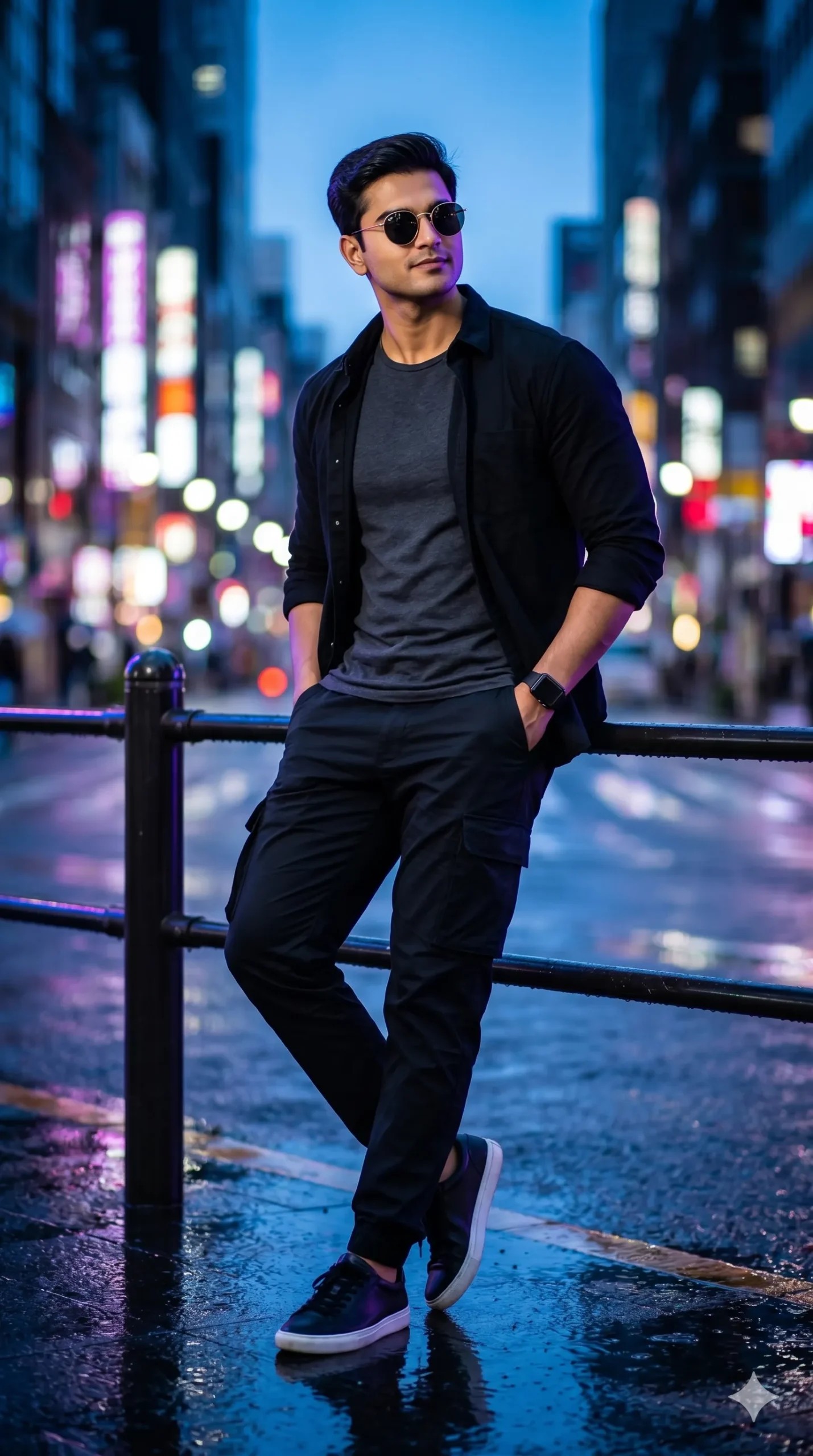 Full-body cinematic fashion portrait of a man in black streetwear standing on a wet urban street at night.