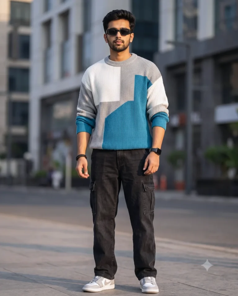 A stylized Male Fashion Prompt showcasing a man in a textured knit sweater and cargo jeans against a blurred urban background.