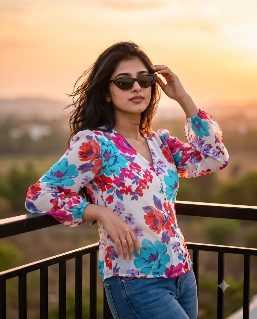 photorealistic Golden Hour Portrait of a young woman with sunglasses and a floral blouse standing on a balcony at sunset.