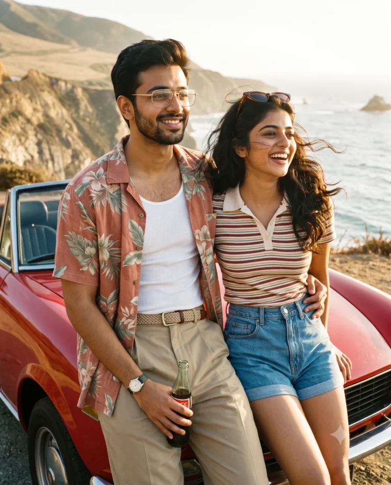 An 80s road trip portrait of a couple beside a red convertible on the California coast.