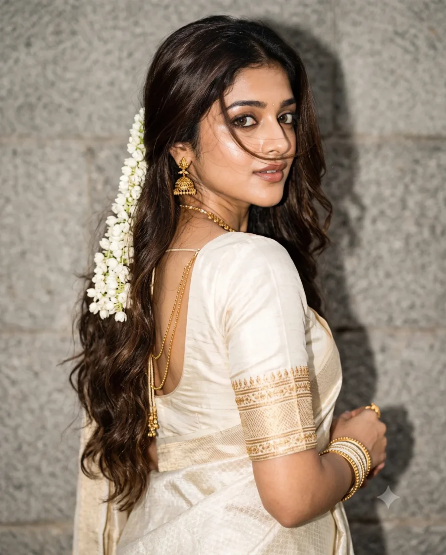 Dreamy Saree Prompt generating a 90s editorial portrait of a woman in an ivory silk saree looking over her shoulder.