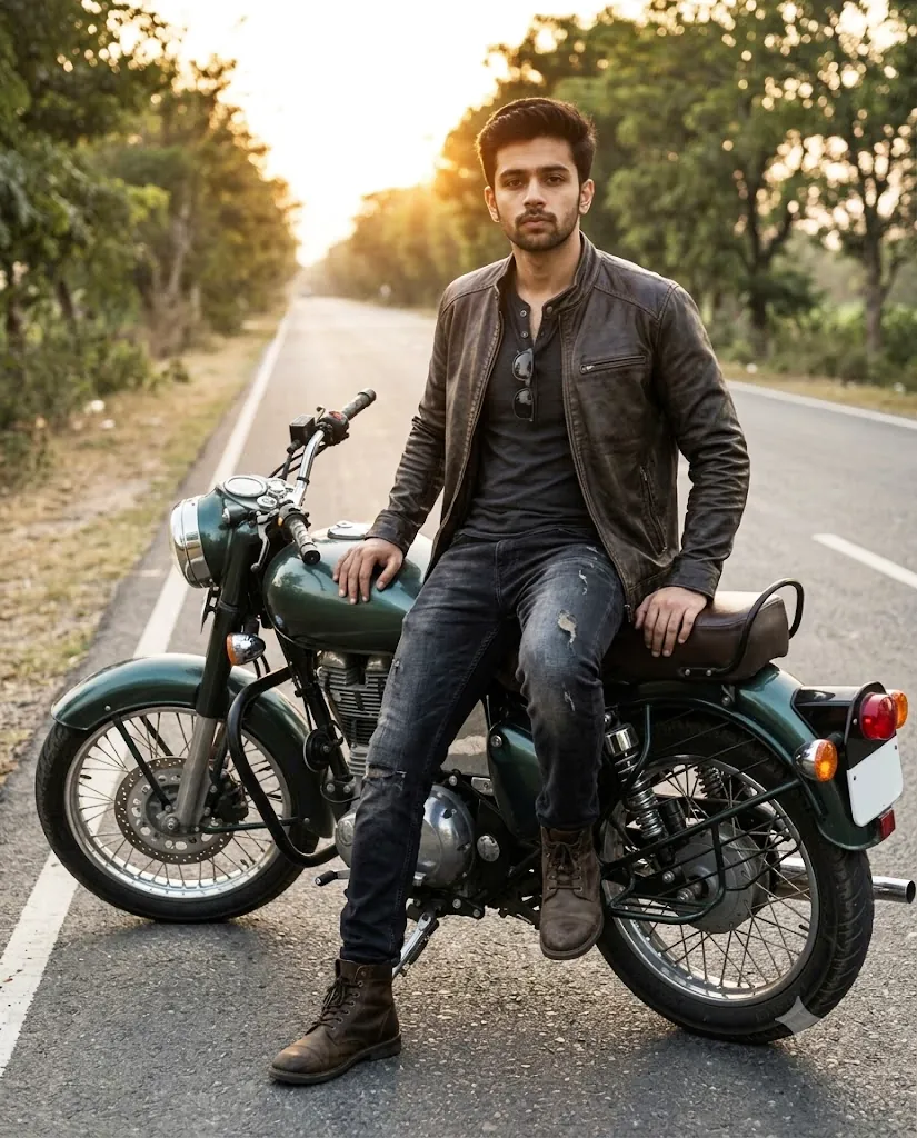 A young man with a beard, wearing a brown leather jacket, sits casually on a green vintage motorcycle on a tree-lined road at sunset.