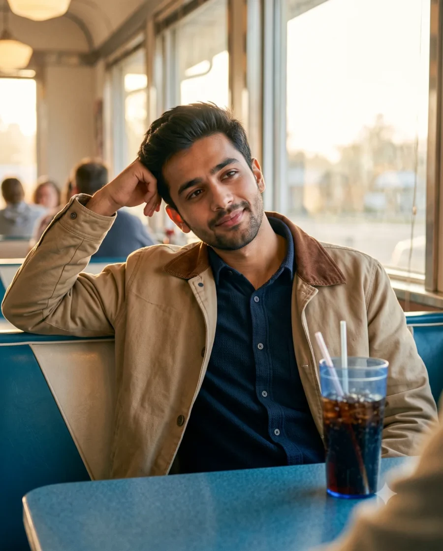 A cinematic portrait prompt generating a South Asian man sitting casually in a vintage diner during golden hour.