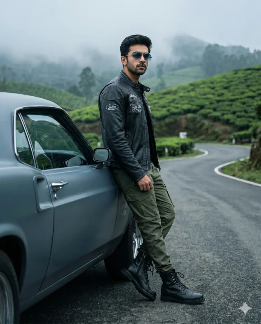 Cinematic car pose ai prompt showing a man in a black leather jacket leaning against a vintage gray Mustang in Munnar.