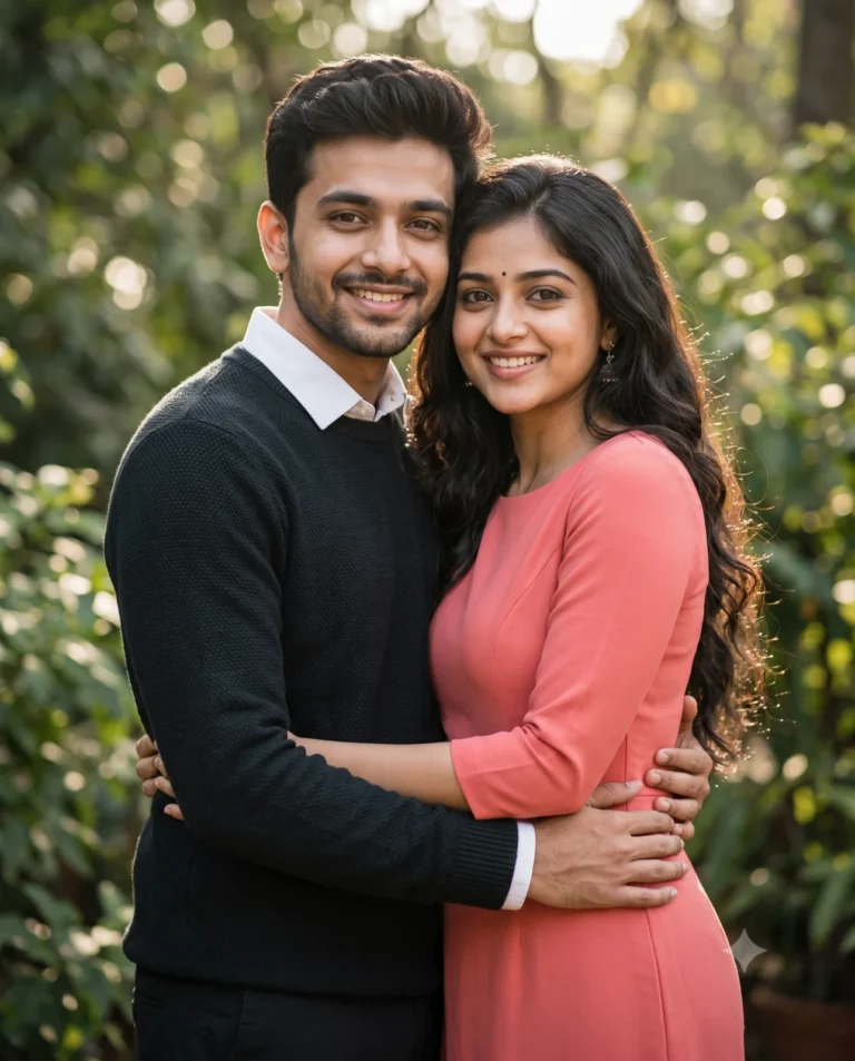 A candid couple portrait showing a smiling man and woman warmly embracing outdoors with natural backlit foliage.