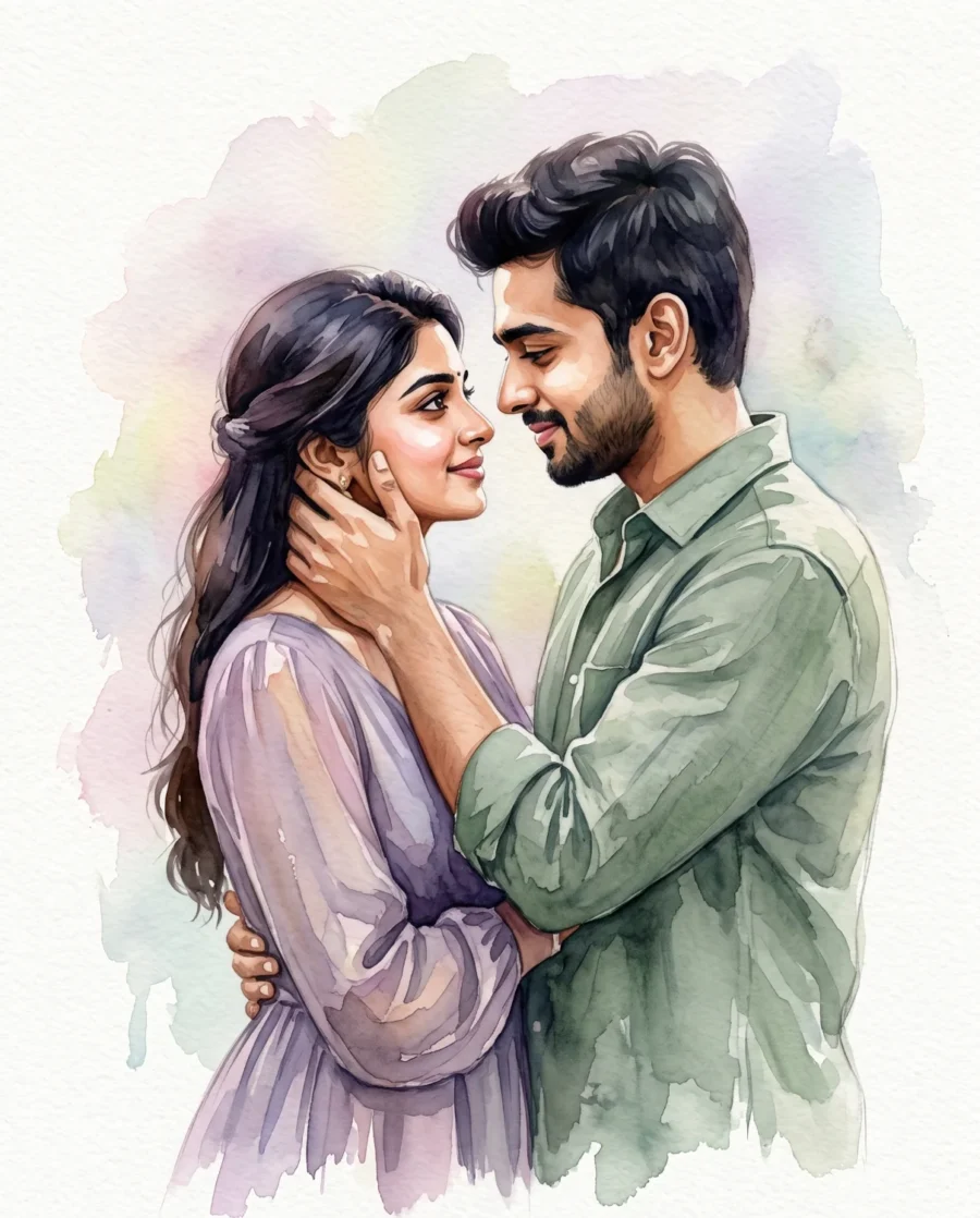 Couple Watercolor Prompt generating a traditional portrait of partners in a tender embrace with soft pastel washes.