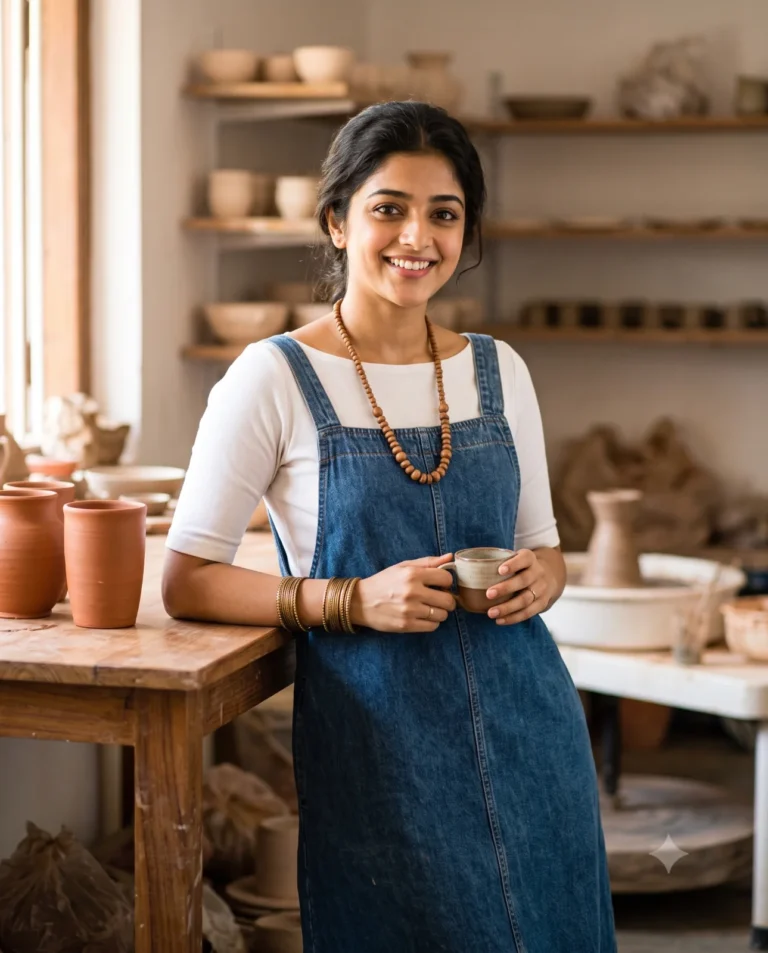 A young woman smiling in a sunlit Artisan Pottery Workshop Portrait featuring denim and earthy clay textures.