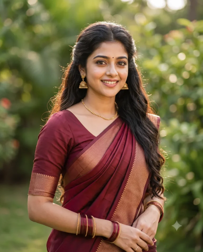 maroon saree prompt generating a woman smiling in traditional silk with gold jewelry against a blurred green background.