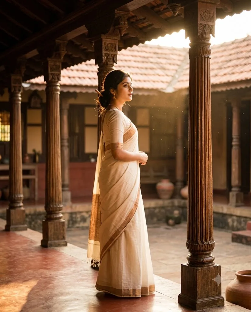 Cinematic prompts example of a woman in a handloom saree standing in an ancestral courtyard at golden hour.