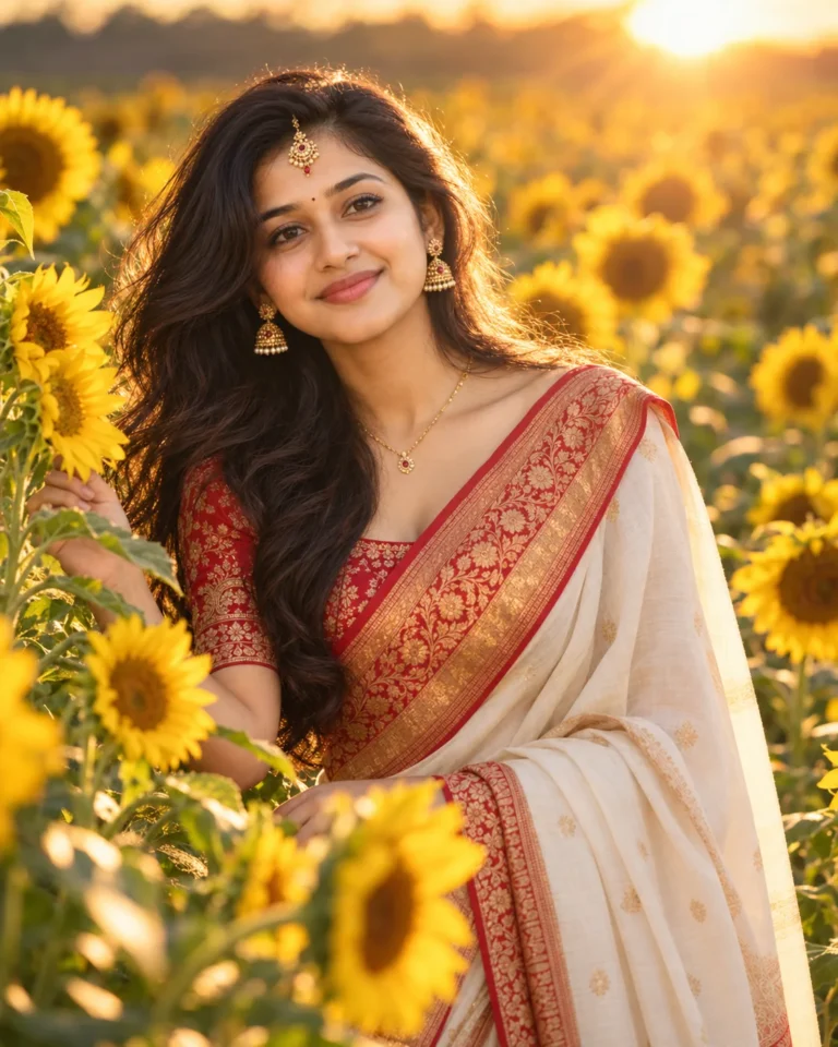 Golden Hour Saree Photo of a woman in a cream and red silk saree standing in a sunflower field.