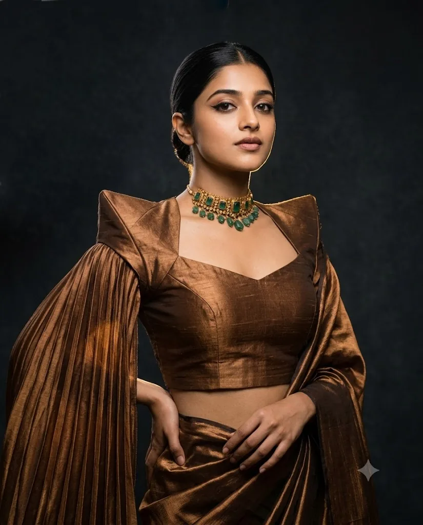 High-fashion cinematic prompts portrait of a woman in bronze silk with emerald choker and studio rim lighting.