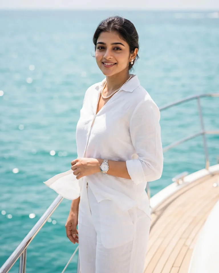 High-end Yacht Prompt generating an elegant woman in white linen on a sunlit deck with a blurred turquoise ocean background.