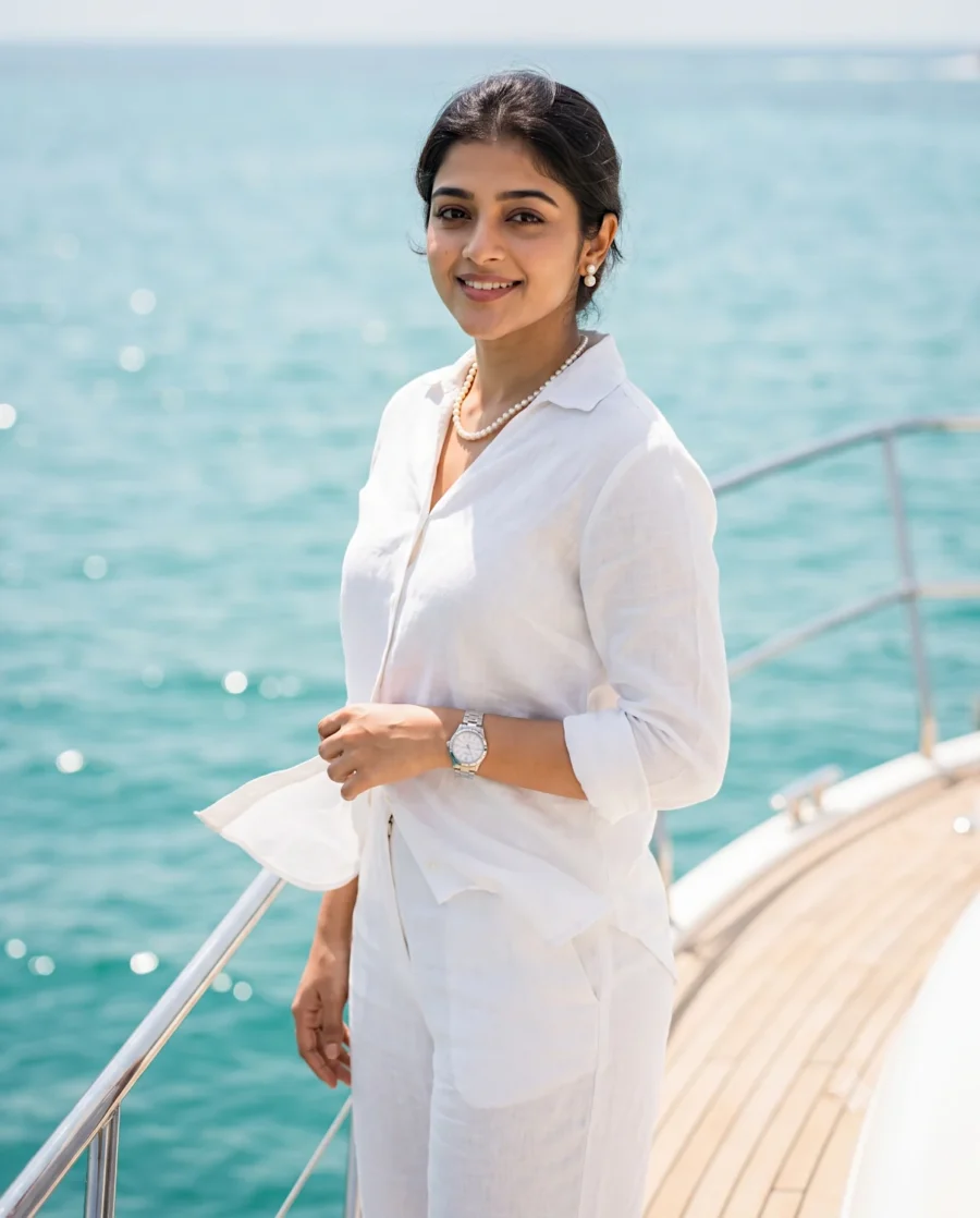 High-end Yacht Prompt generating an elegant woman in white linen on a sunlit deck with a blurred turquoise ocean background.