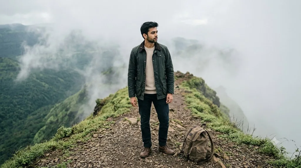 Moody Gemini photo prompt result of a traveler overlooking a misty mountain valley in the Western Ghats.