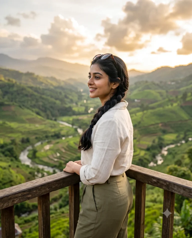 A Candid Travel Portrait of a woman on a rustic wooden balcony overlooking a lush tropical mountain valley at sunset.