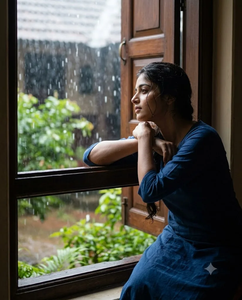 Moody Gemini photo prompt of a woman at a heritage window watching tropical monsoon rain streaks.