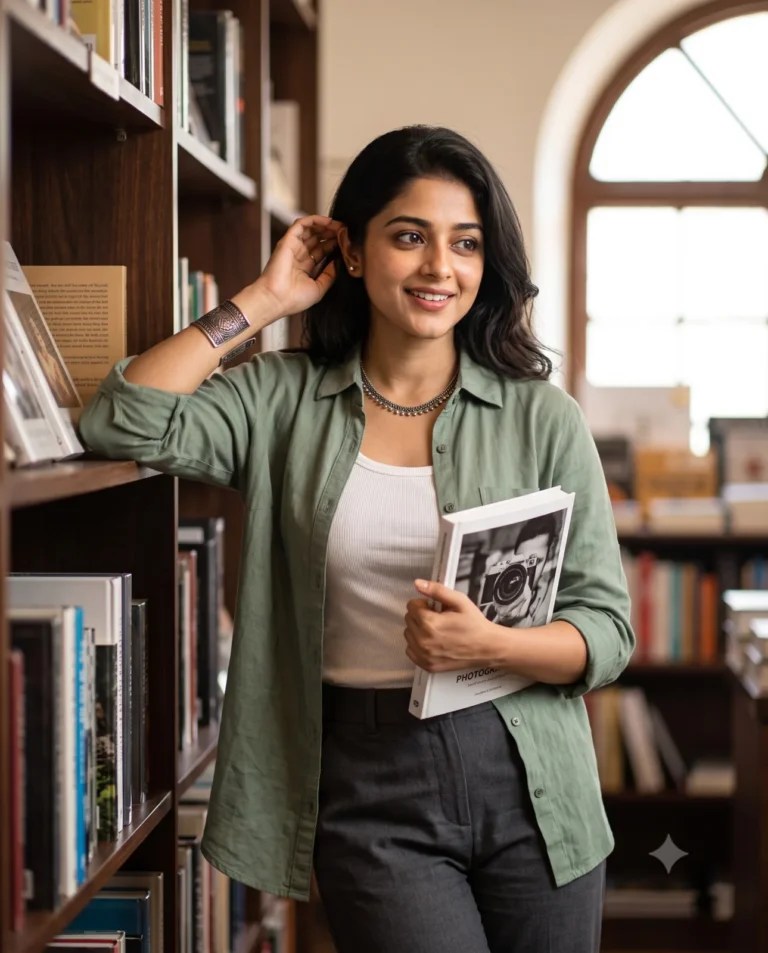 Bookshop lifestyle portrait of a smiling woman in a sage green shirt holding an art book by wooden shelves.