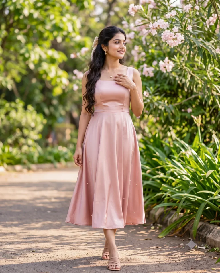 A beautiful woman in a blush pink satin outfit generated from a midi dress prompt, walking in a sunny park.