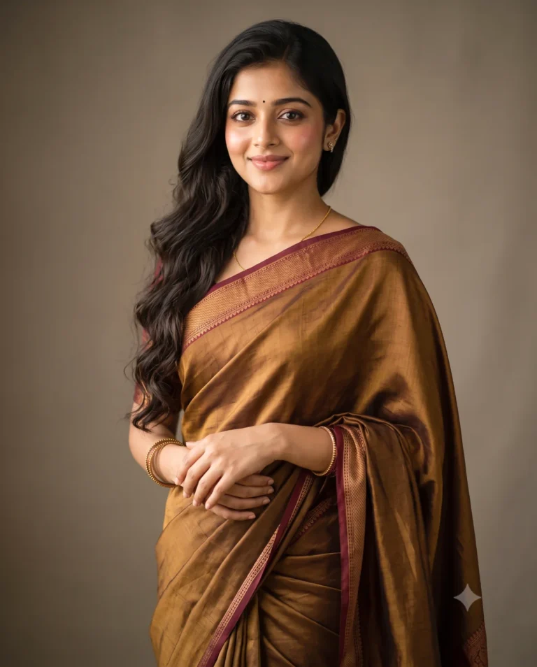 A photorealistic silk saree studio portrait of a young woman smiling with a creamy bokeh background.