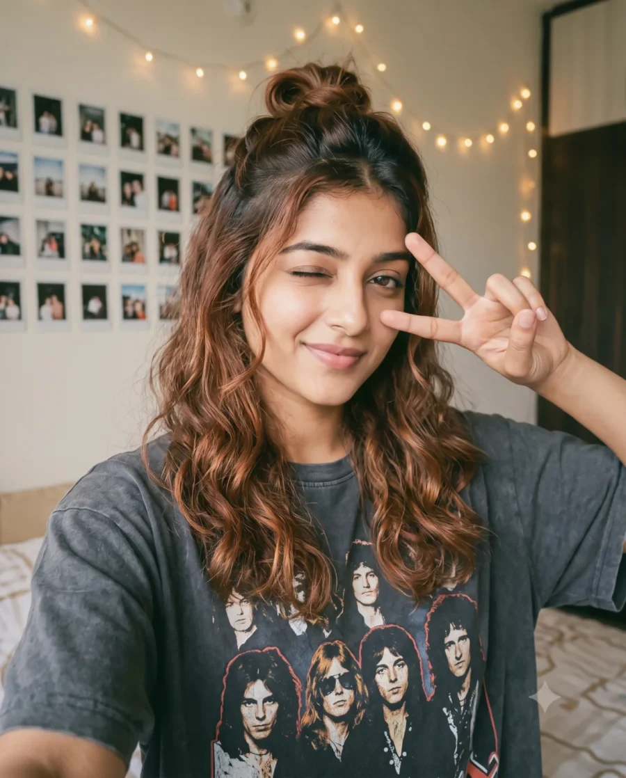 A young woman winking playfully in a cozy room using this Gemini Selfie Prompt for realistic lighting.