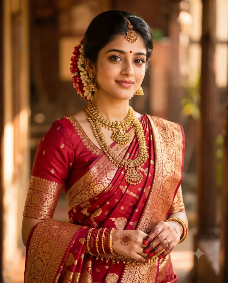 Example of this bridal saree prompt featuring a woman in a crimson silk saree and antique gold jewelry.
