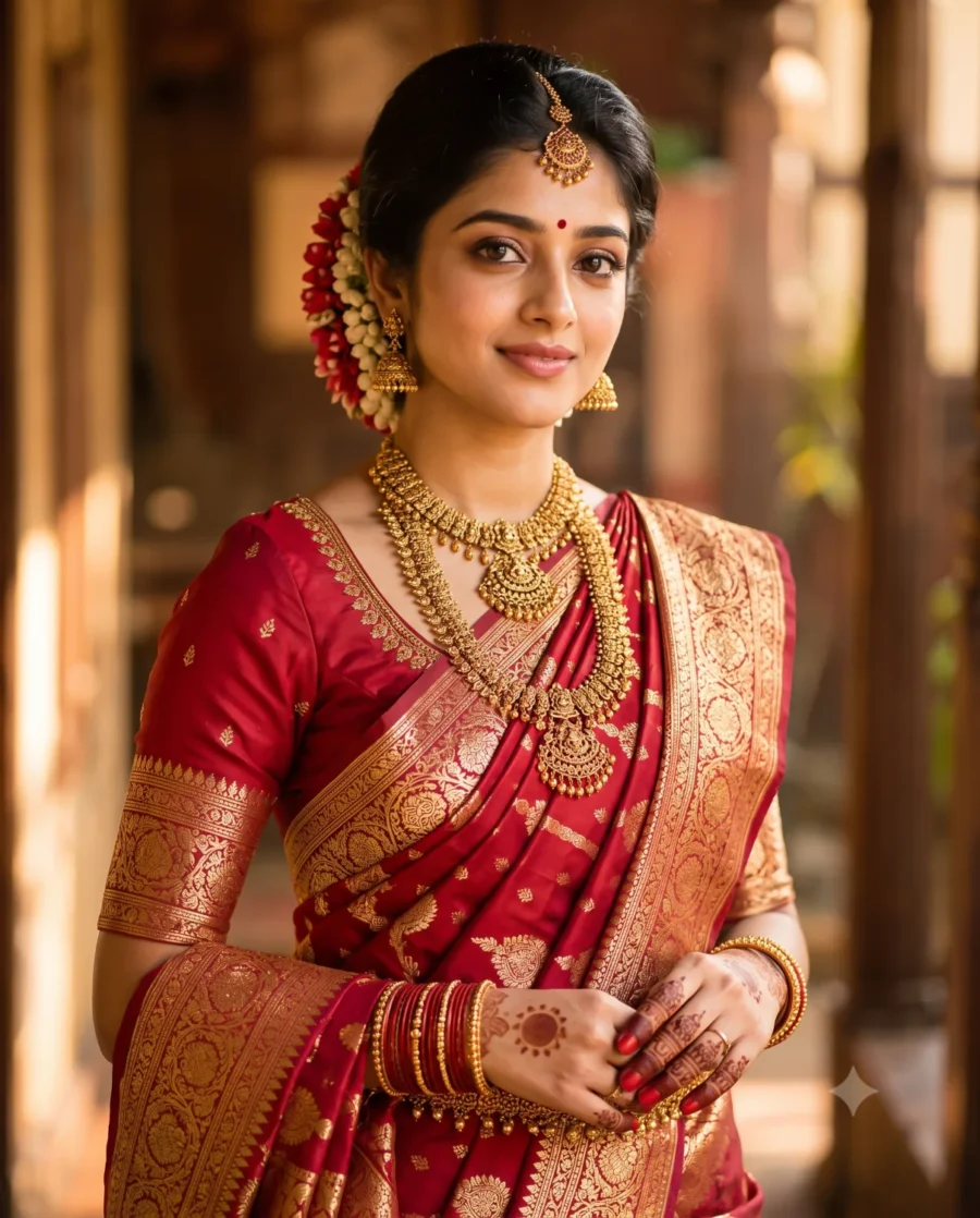 Example of this bridal saree prompt featuring a woman in a crimson silk saree and antique gold jewelry.