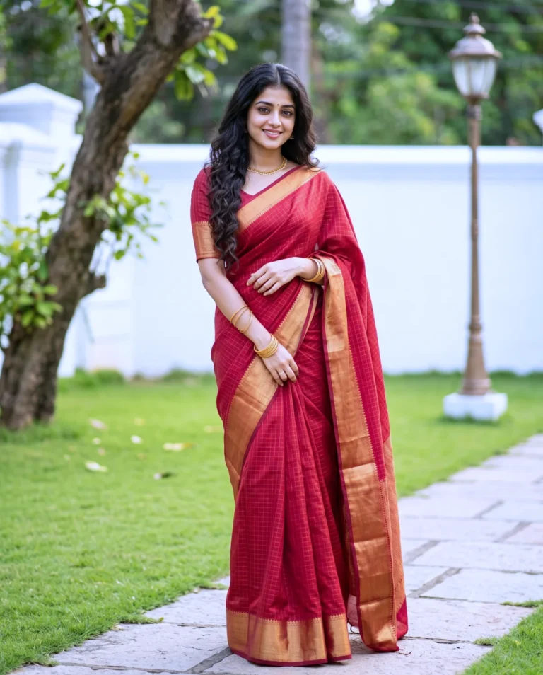 A red saree ai prompt generating a full-body portrait of a young woman in crimson silk standing on a sunny stone pathway.