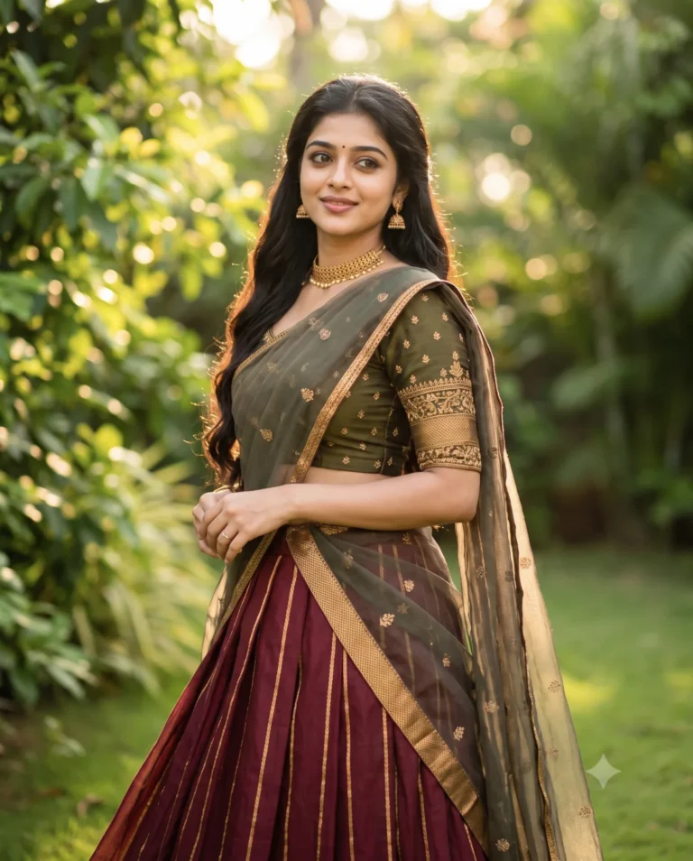 A beautiful woman in a green and maroon outfit generated by a half saree prompt standing in a lush garden.