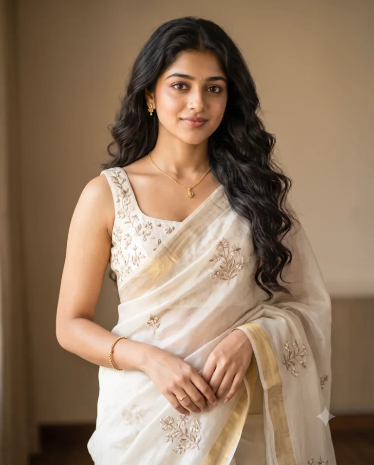 A young woman in an ivory silk saree portrait created using the gemini silk saree prompt.