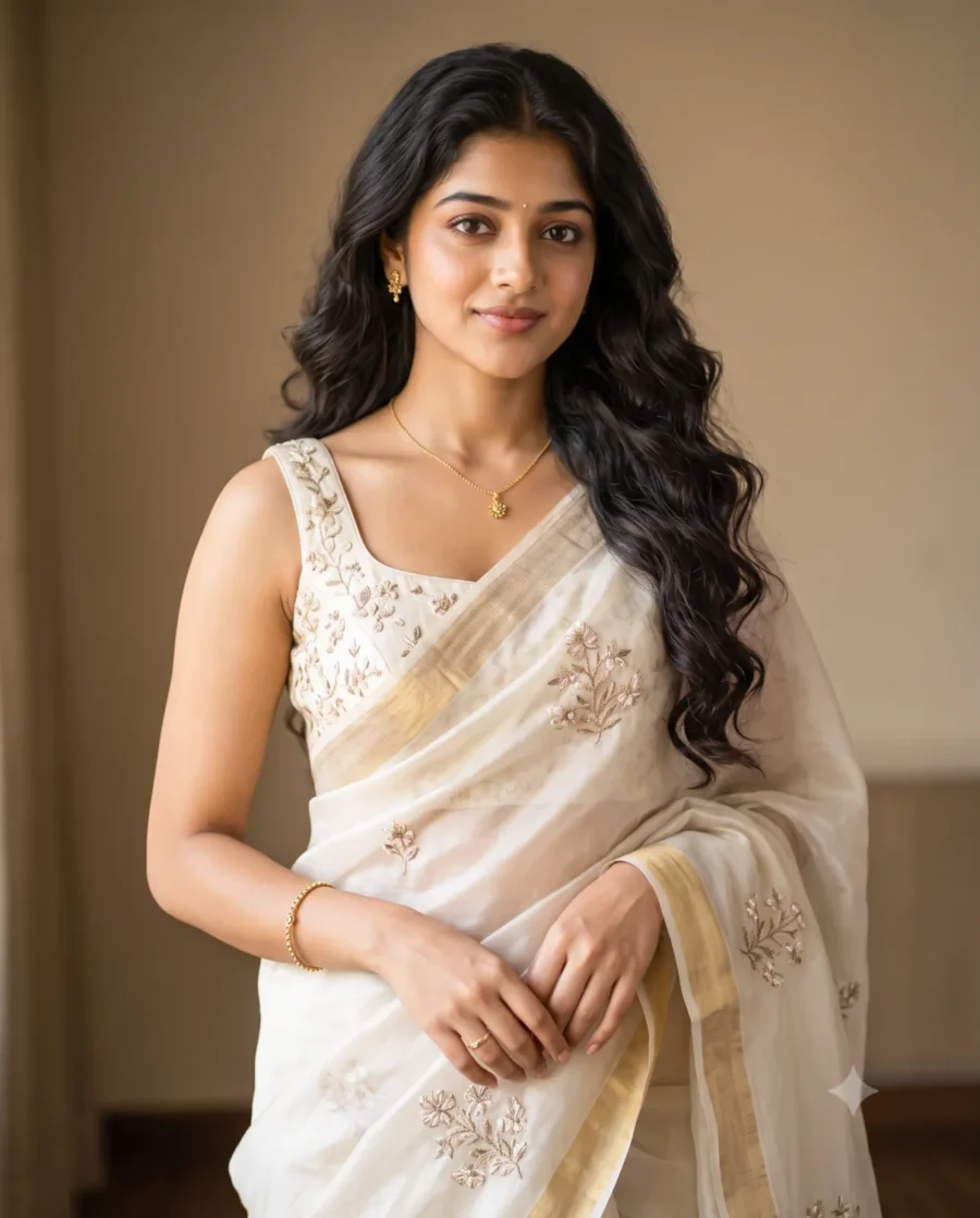 A young woman in an ivory silk saree portrait created using the gemini silk saree prompt.