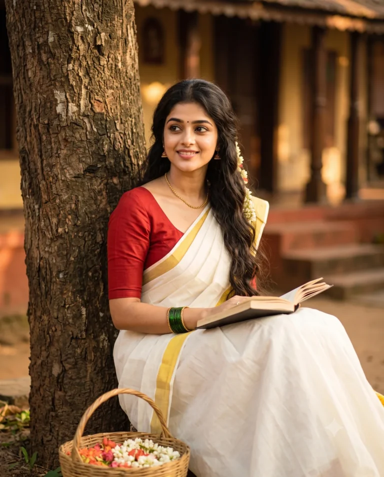 A photorealistic kerala saree prompt generation showing a young woman seated by a mango tree in a sunlit courtyard.