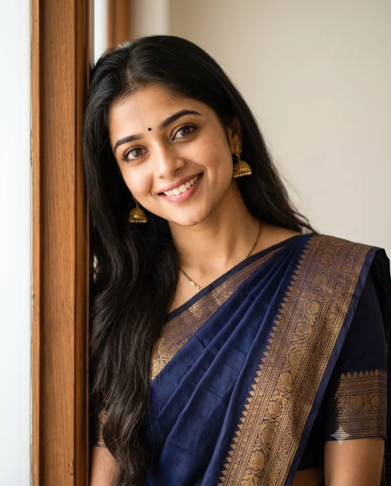 A stunning blue saree portrait prompt result showing a young woman with gold jewelry and cinematic window light.