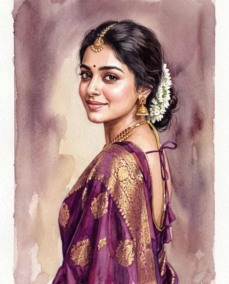A watercolor painting prompt output showing a woman in a purple silk saree with gold jewelry.