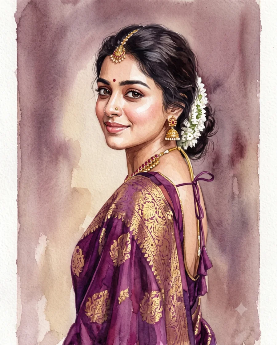 A watercolor painting prompt output showing a woman in a purple silk saree with gold jewelry.