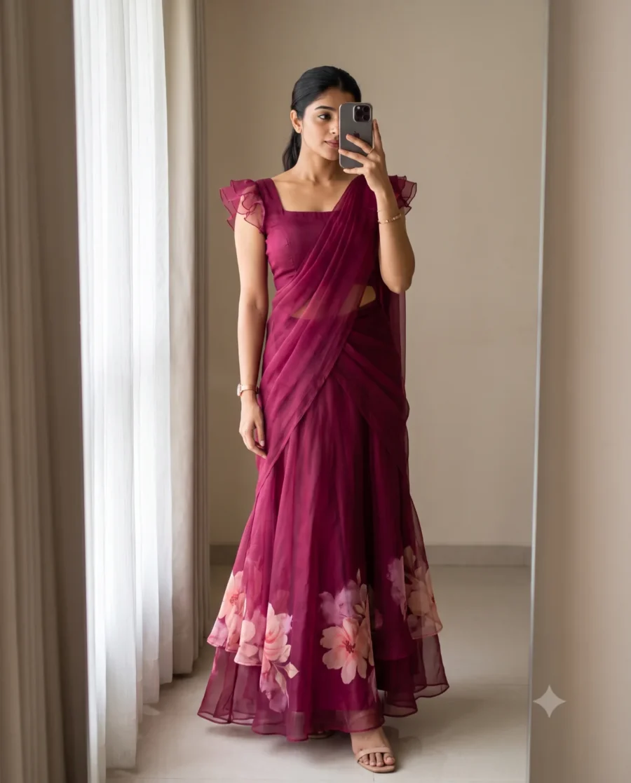 A mirror selfie fashion portrait of a slender woman in a deep magenta saree gown holding a smartphone.