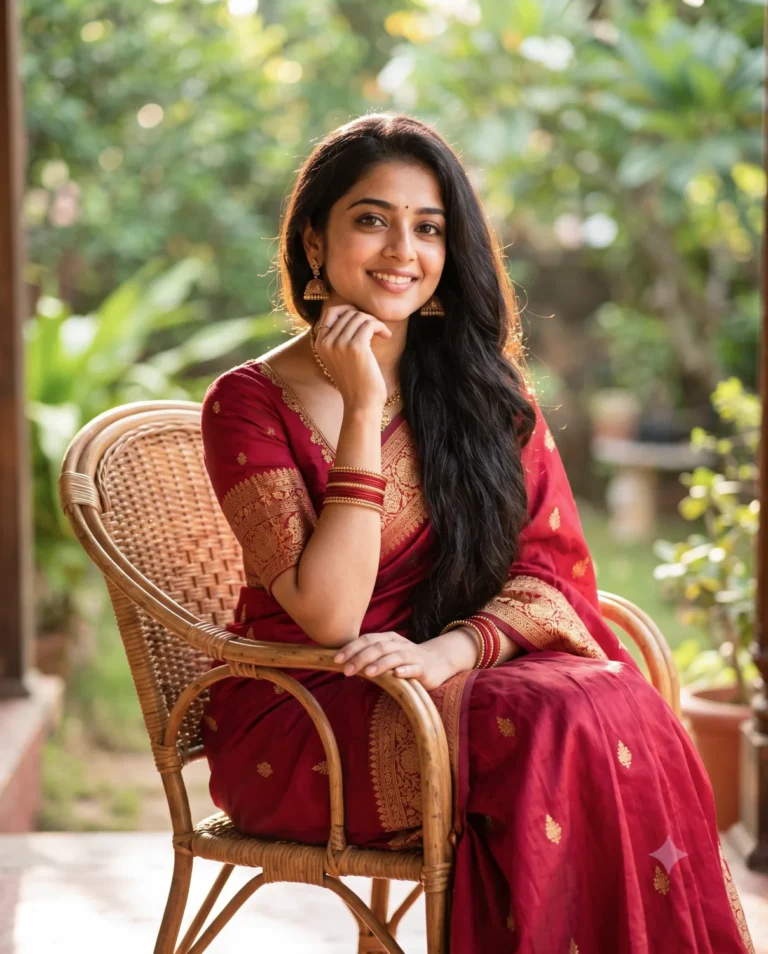 Traditional Red Saree Prompt generating a cinematic portrait of a South Asian woman sitting on a veranda at golden hour.