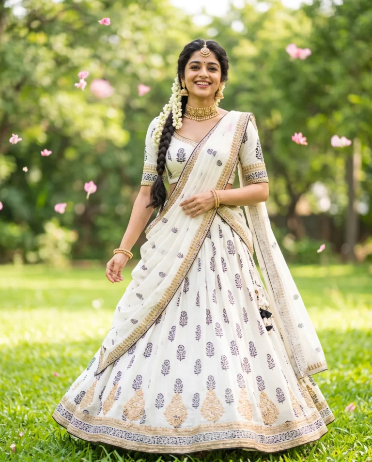 A joyful woman wearing intricate gold jewelry in a lush park generated by a white lehenga prompt.